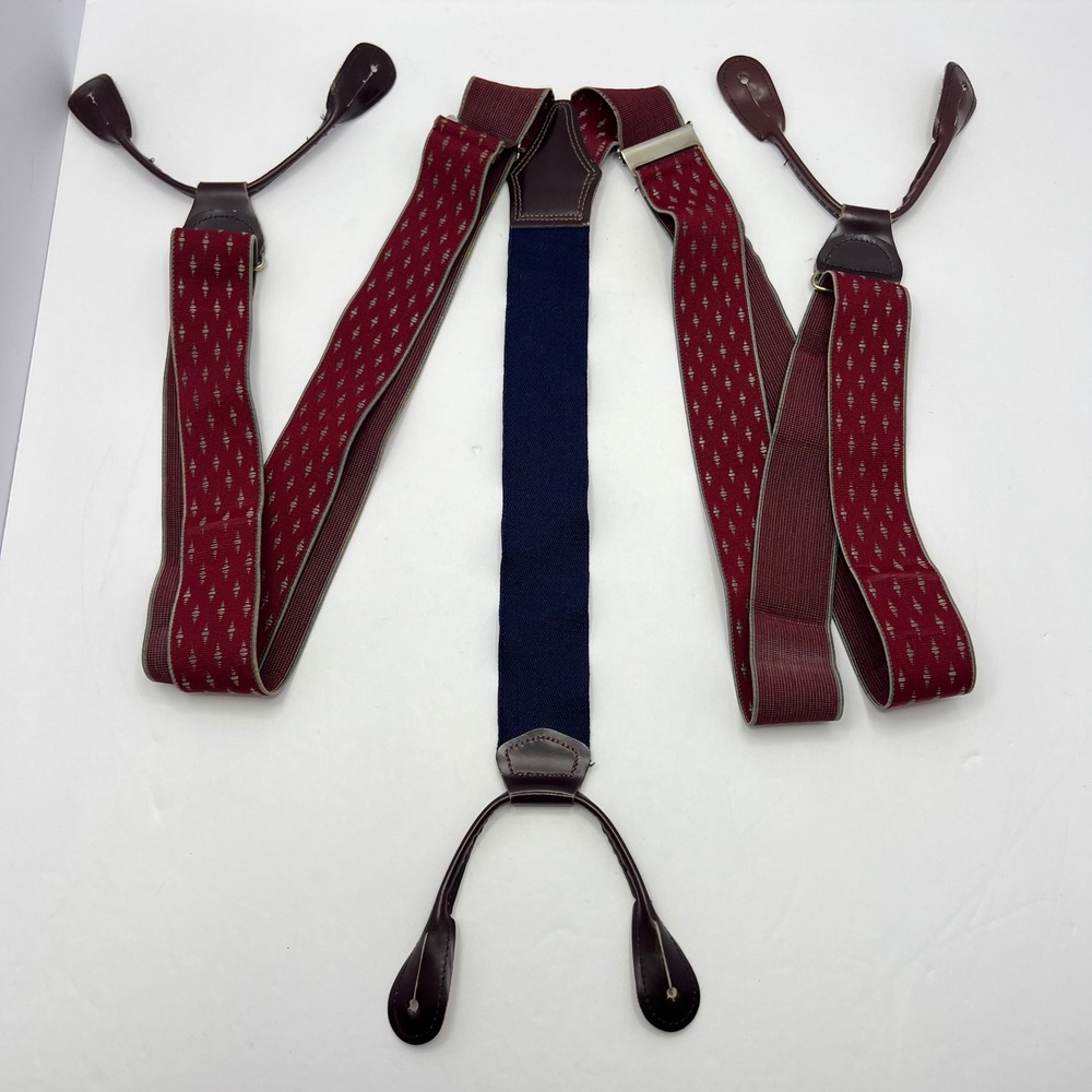 Burgandy Geometric Suspenders Mens Nylon Elastic Leather Button Y-Back Formal